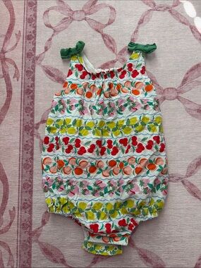 Boden Multi-Colored Fruit Print Romper with Green Tie Straps